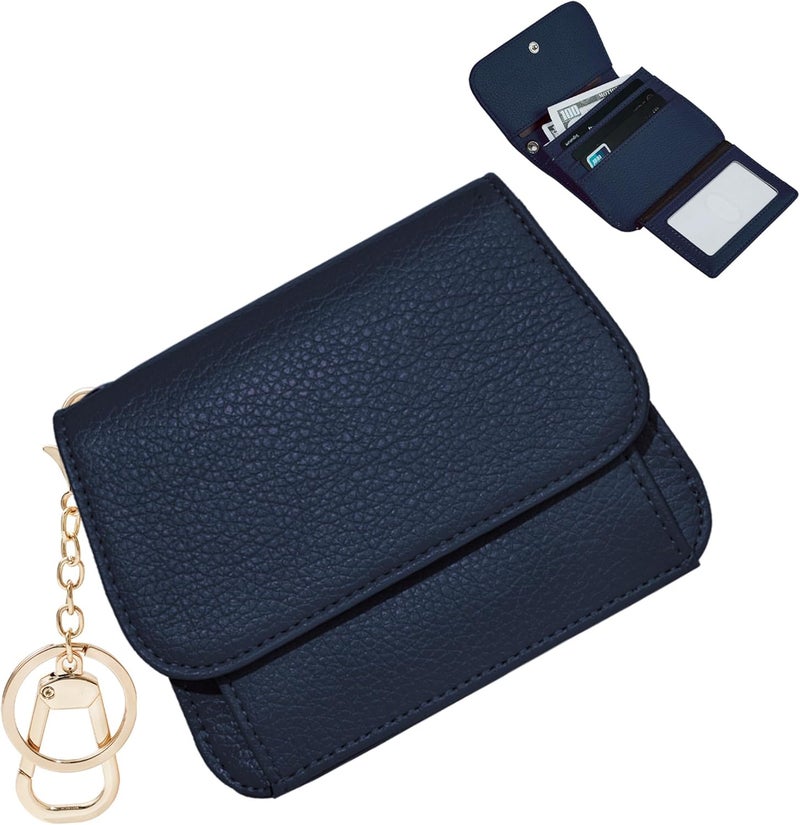 Sunpour Women Small Wallet RFID Blocking Slim Wallet with Coin Pocket Tri-Fold Credit Card Holder with ID Window and Keychain(Navy Blue) - Image 1